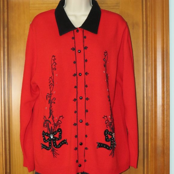 Rochelle California Sweater Cardigan Top Red Black Bow Holiday - Picture 1 of 9